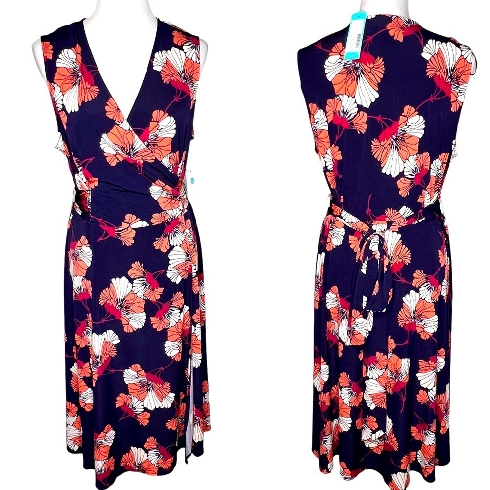 Donna Morgan Julie Dillon Blue Floral Sleeveless Faux Wrap Midi Dress 16W NWT